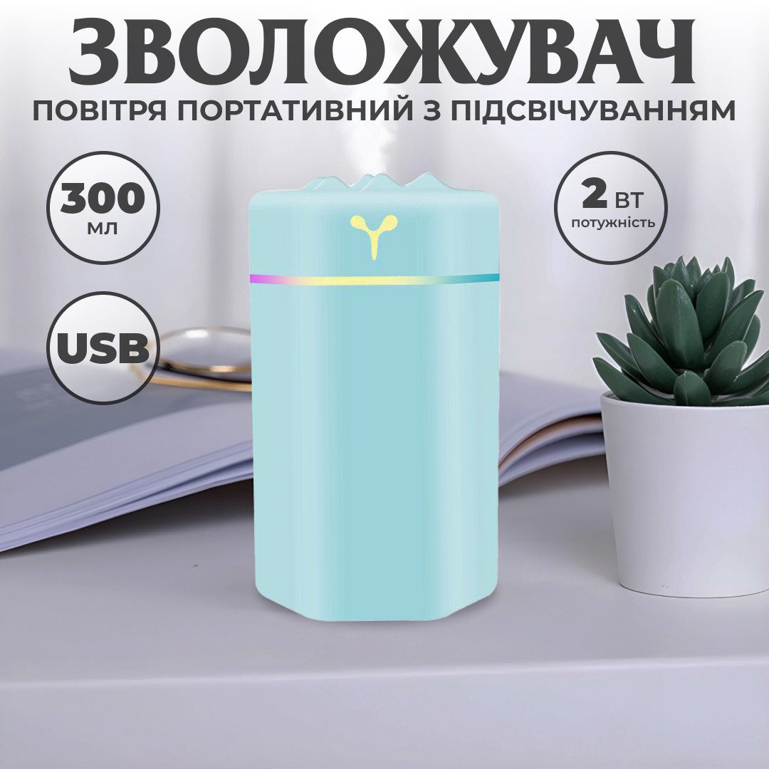 Зволожувач повітря для дому портативний USB 300 мл ароматичний дифузор з підсвічуванням Блакитний_HPBH16987BL_Milantium_1