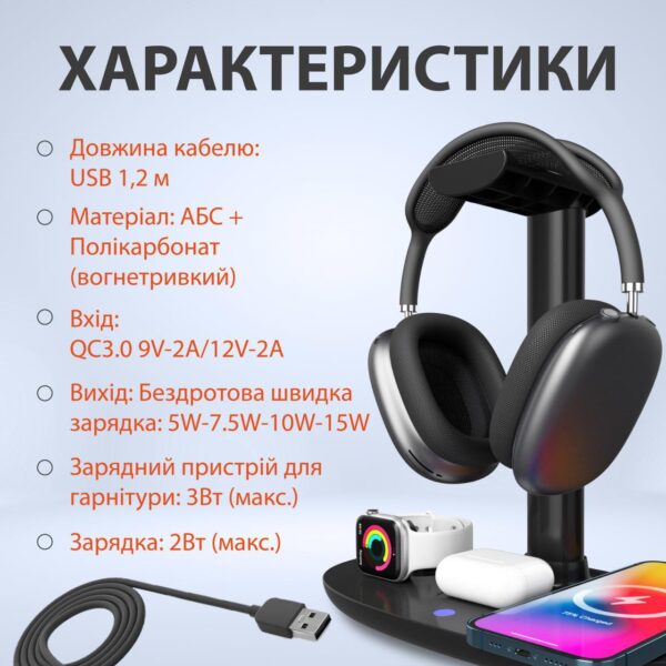Бездротовий зарядний пристрій Senxin 4-in-1 Headphone Stand Wireless Charger док станція_UR146B_Milantium_2