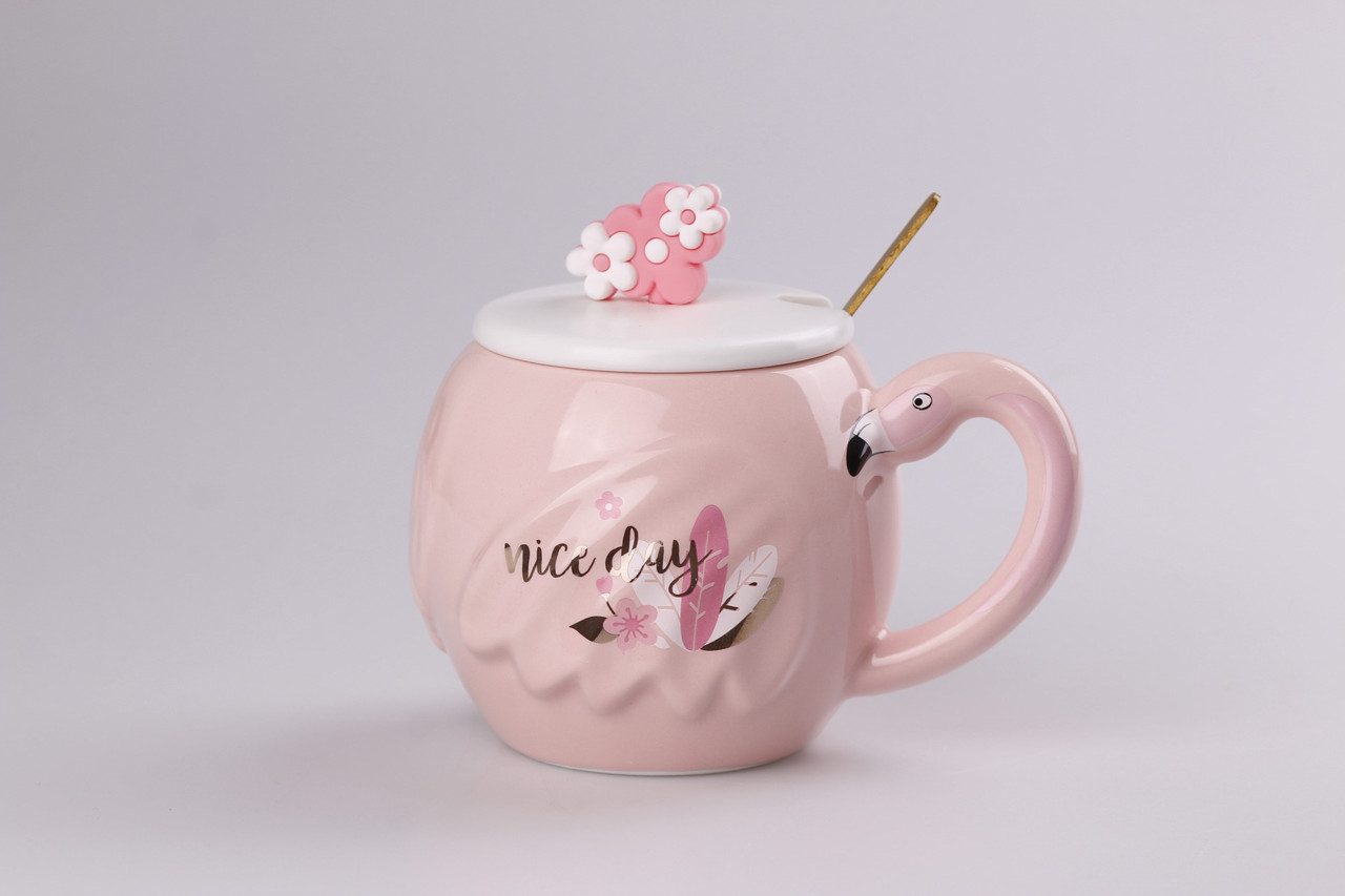 Чашка керамічна Flamingo 500мл з кришкою і ложкою чашки для кави Nice day – купити в Україні недорого