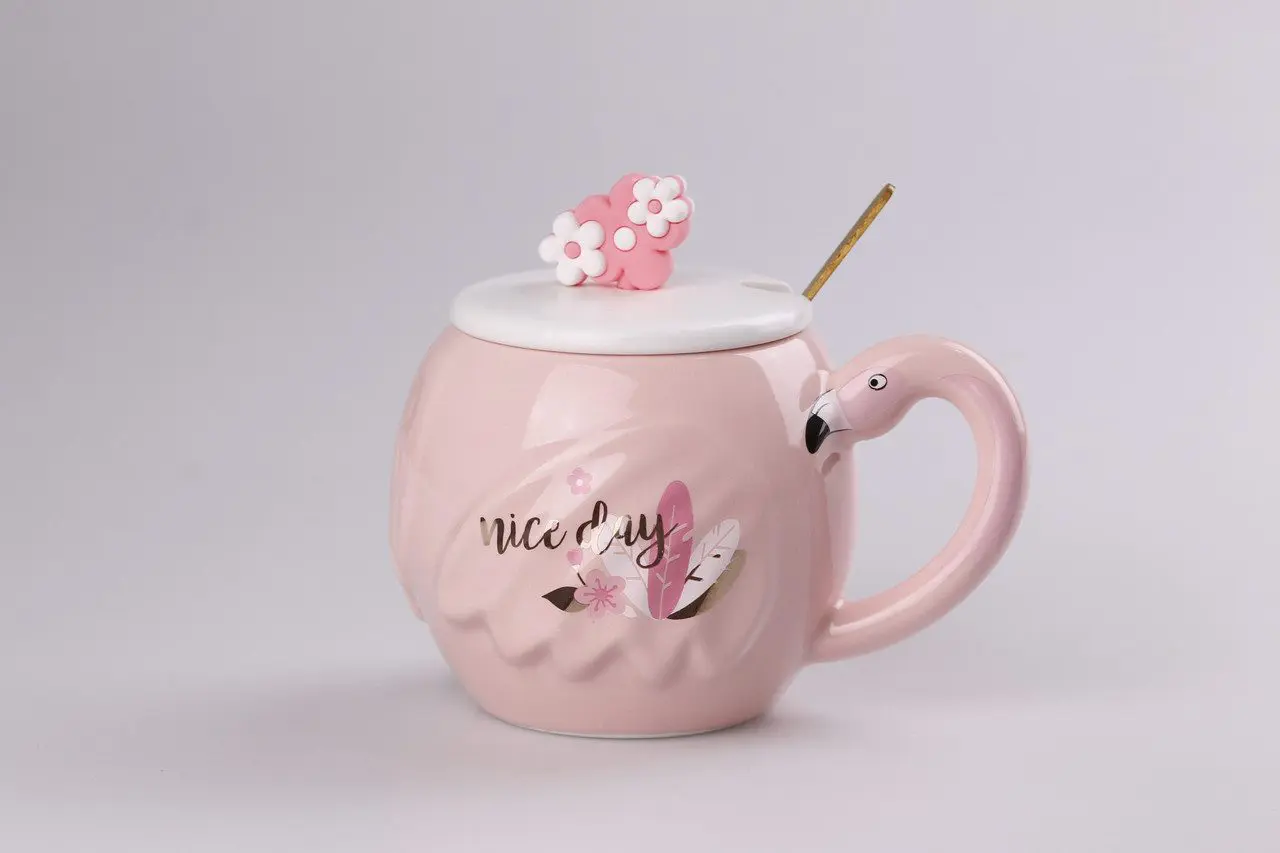 Чашка керамічна Flamingo 500мл з кришкою і ложкою чашки для кави Nice day – купити в Україні недорого