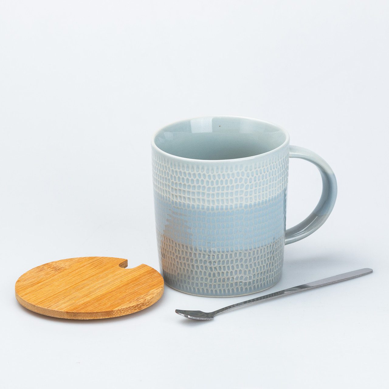 Чашка з бамбуковою кришкою та ложкою керамічна 350 мл Сіра_HP7201G_Milantium_2