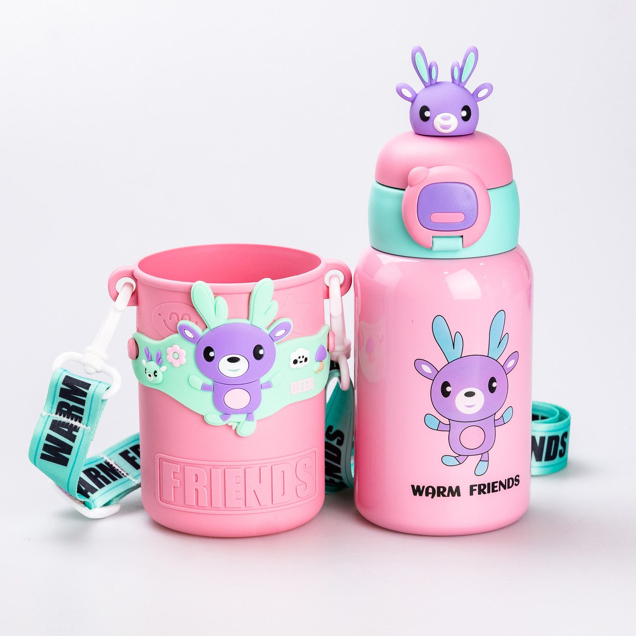 Термос із трубочкою для дітей 450 (мл) із силіконовим чохлом з ремінцем Рожевий для дівчинки_HP18308P_Milantium_3