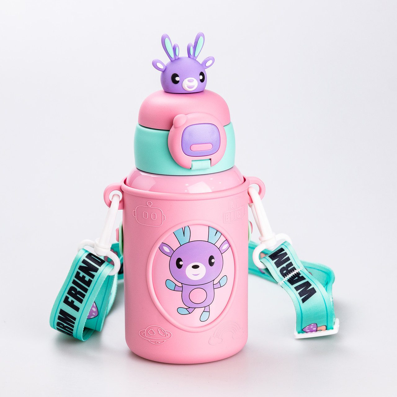 Термос із трубочкою для дітей 450 (мл) із силіконовим чохлом з ремінцем Рожевий для дівчинки_HP18308P_Milantium_4