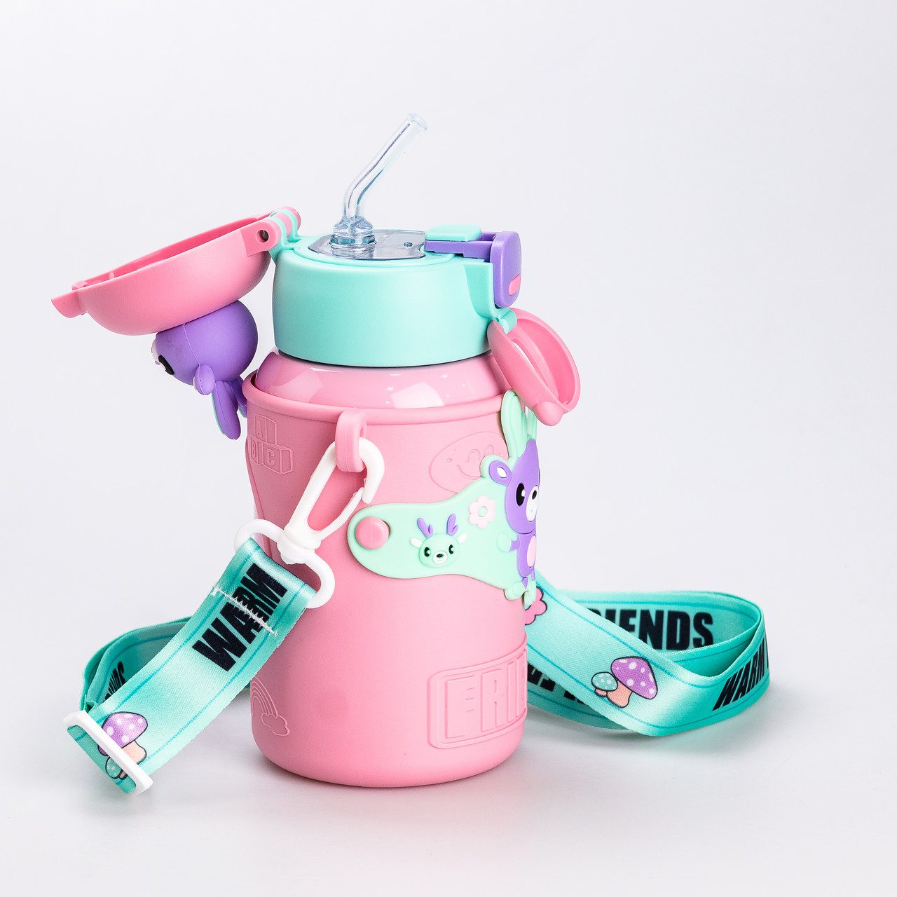 Термос із трубочкою для дітей 450 (мл) із силіконовим чохлом з ремінцем Рожевий для дівчинки_HP18308P_Milantium_5