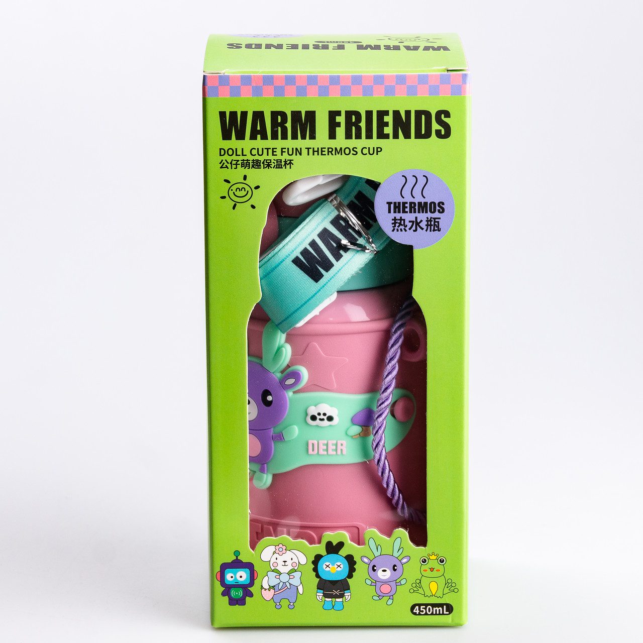 Термос із трубочкою для дітей 450 (мл) із силіконовим чохлом з ремінцем Рожевий для дівчинки_HP18308P_Milantium_6