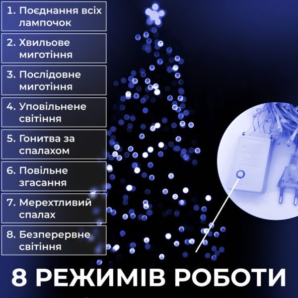 Гірлянда нитка 10м на 200 LED лампочок світлодіодна чорний провід 8 режимів роботи Синій M200LEDBL_M200LEDBL_Milantium_4