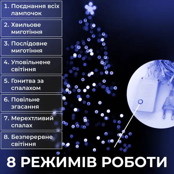 Гірлянда нитка 10м на 200 LED лампочок світлодіодна чорний провід 8 режимів роботи Синій M200LEDBL_M200LEDBL_Milantium_4