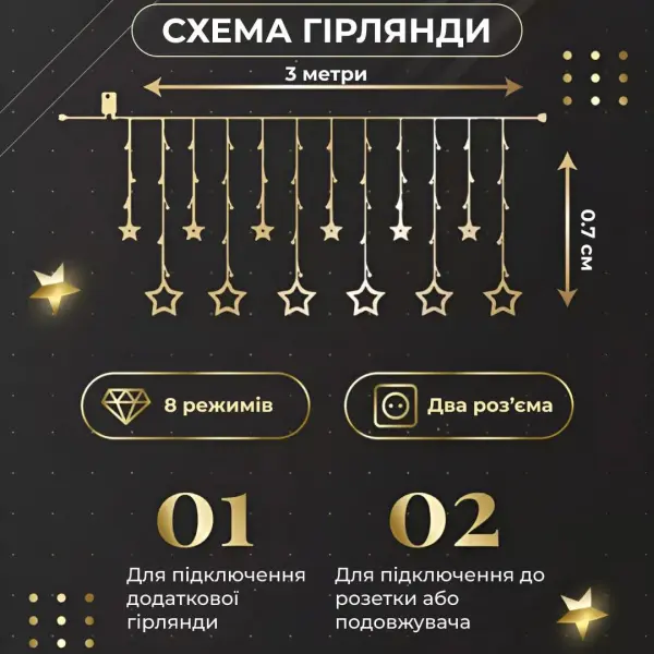 7 м Зірки на 108 LED лампочок світлодіодна 6 великих та 6 маленьких зірок 9В 8 режимів Жовтий 1733056Y_1733056Y_Milantium_2