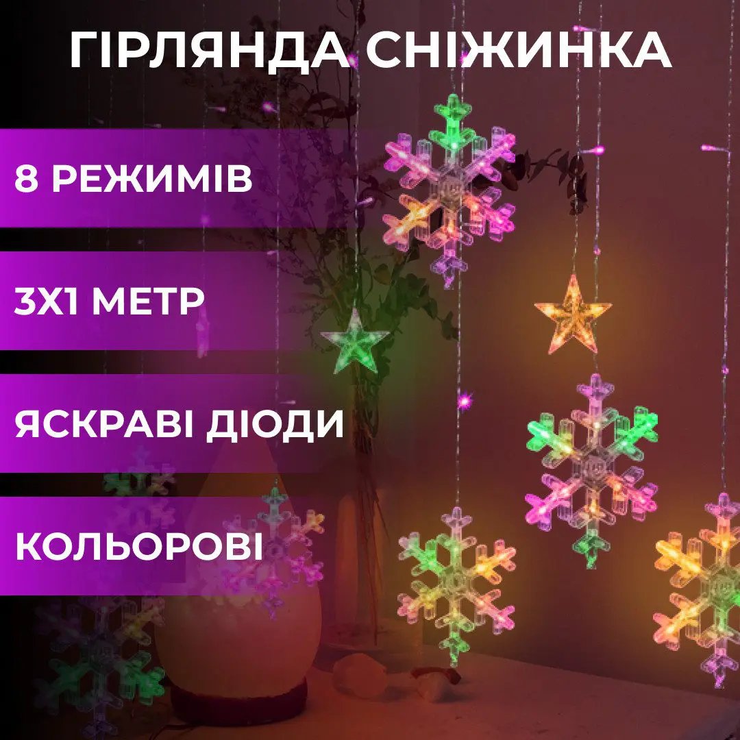 Гірлянда світлодіодна штора GarlandoPro сніжинка і зірка 12 фігур ED 3х1м гірлянда зірка – купити в Україні недорого