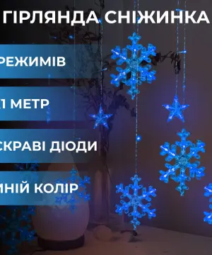 Гірлянда світлодіодна штора GarlandoPro сніжинка і зірка 12 фігур 3х1 м гірлянда зірка Синій 1733062BL_1733062BL_Milantium_1