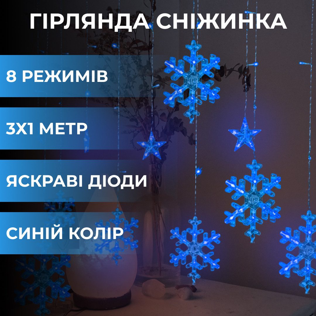 Гірлянда світлодіодна штора GarlandoPro сніжинка і зірка 12 фігур 3х1 м гірлянда зірка Синій – купити в Україні недорого