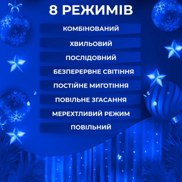 Гірлянда штора світлодіодна GarlandoPro Роса 200LED 3х2м 10 ліній 8 режимів гірлянда крапля роси Синій 173302BL_173302BL_Milantium_7