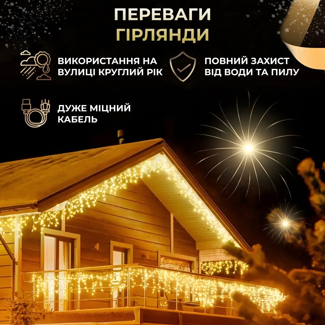 Гірлянда вулична світлодіодна 200 LED 12 метрів білий дріт бахрома 55 ниток Жовтий_12МWY_Milantium_3