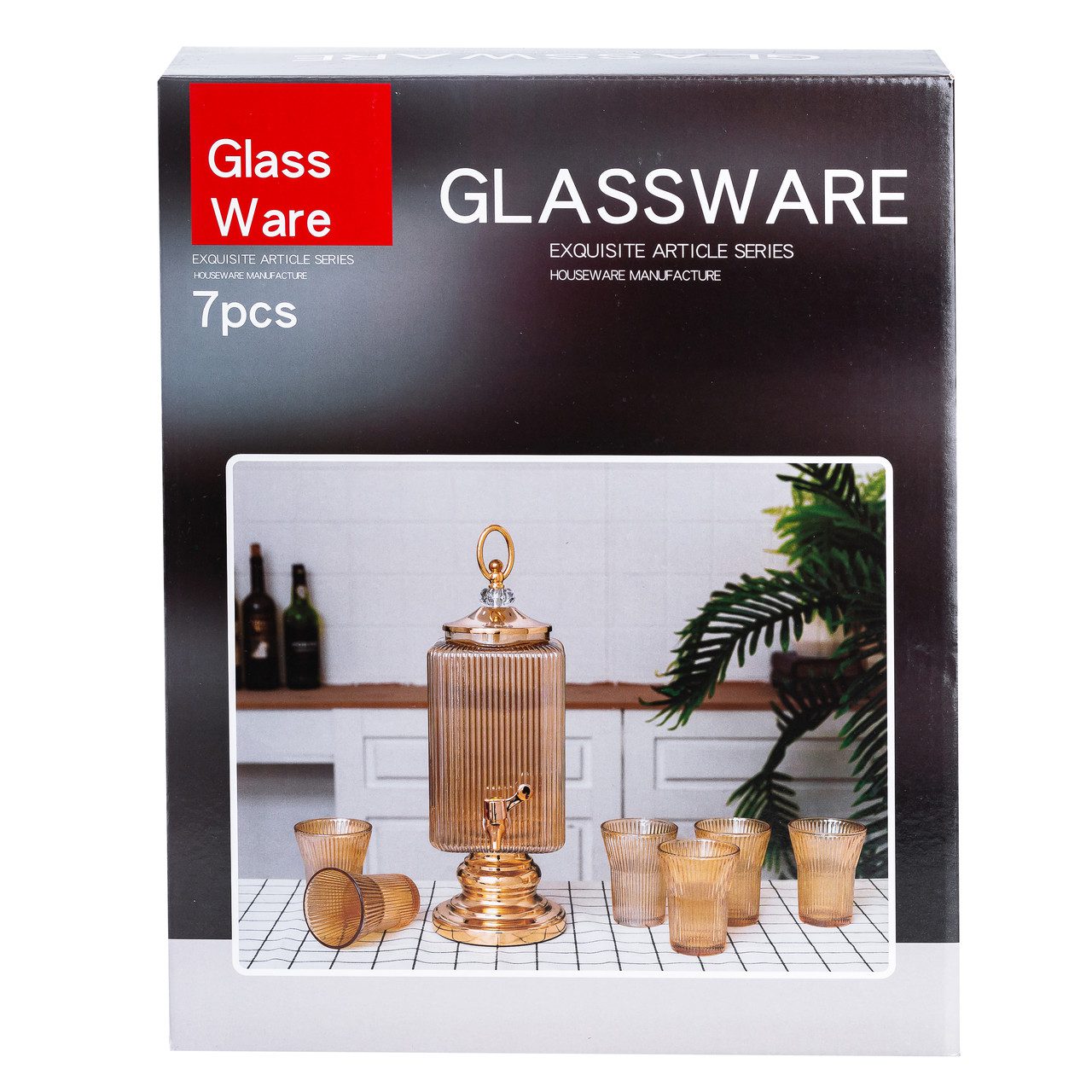 Лимонадниця з краном 3 літри скляна лимонадниця в комплекті з 6 склянками по 200 мл_HP4167_Milantium_6