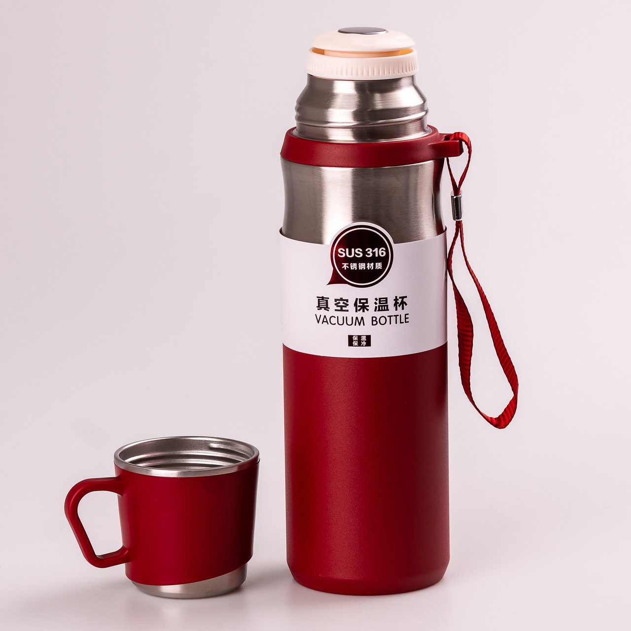 Термос з чашкою та ремінцем 600 мл з металевою колбою Червоний_HPGM80155R_Milantium_2