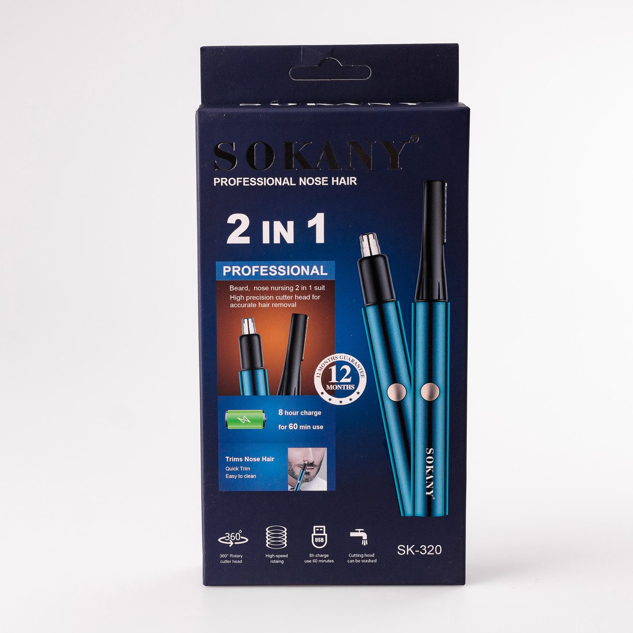 Тример для носа вух і брів акумуляторний із насадками та USB Sokany SK-320 Синій_SK320BL_Milantium_4