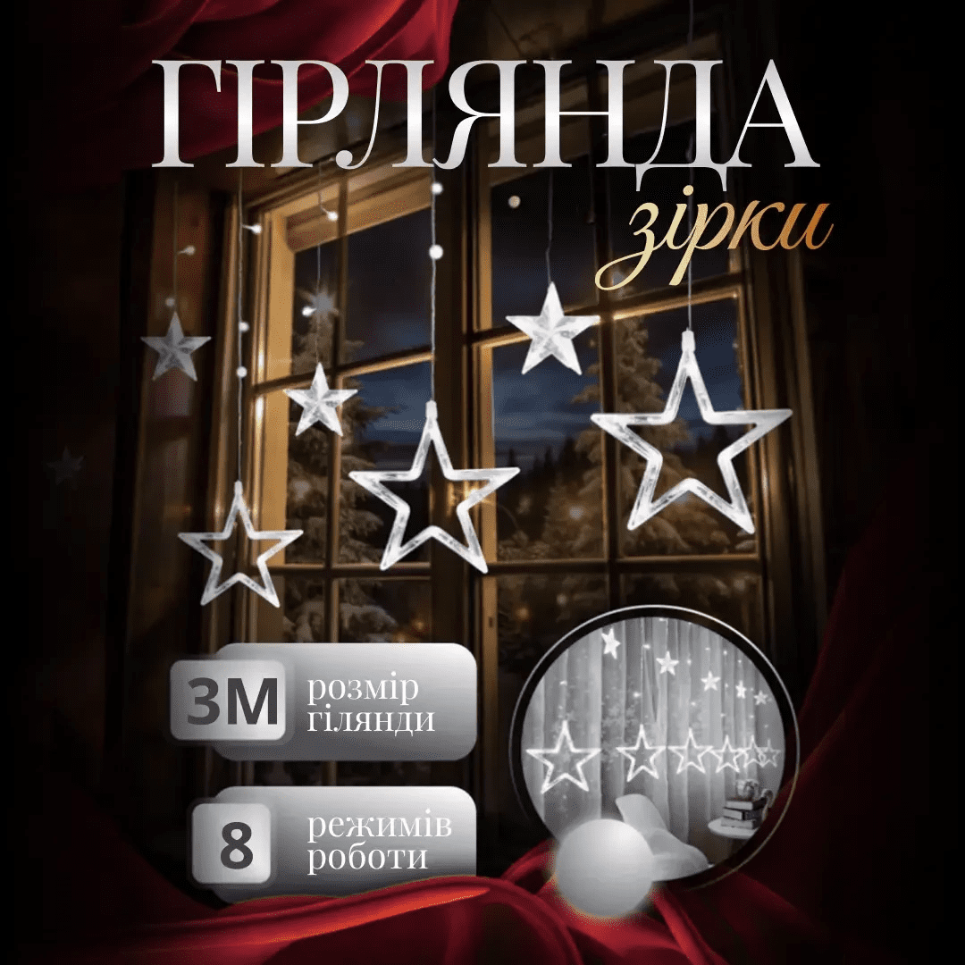 Електрична гірлянда Зірка штора 3 метри на вікно для фотозон біла – купити в Україні недорого