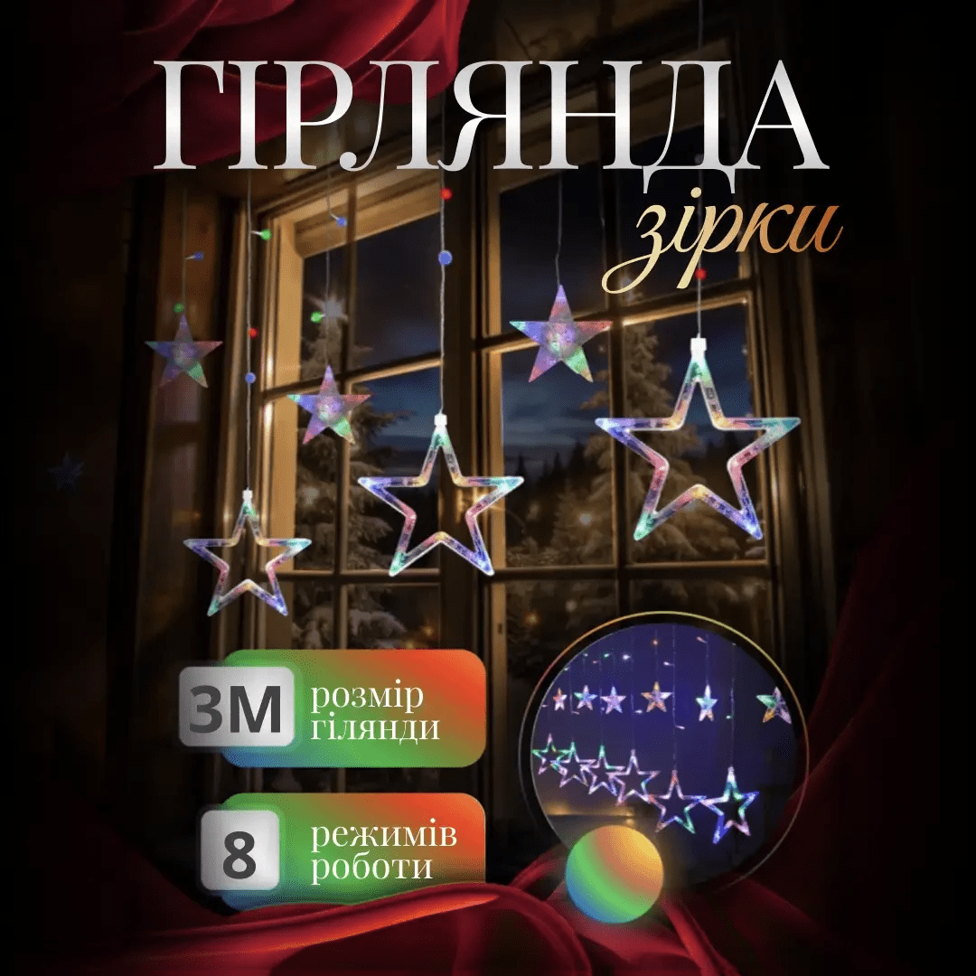 Електрична гірлянда Зірка штора 3 метри на вікно для фотозон мультиколор – купити в Україні недорого