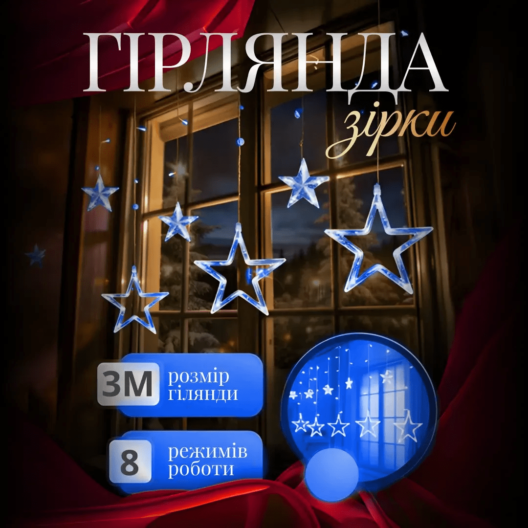 Електрична гірлянда Зірка штора 3 метри на вікно для фотозон синя – купити в Україні недорого