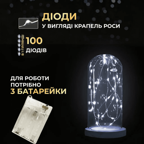 Гірлянда роса 10 метрів крапля на батарейках на 100 led білий дріт біла 100L10MWW_100L10MWW_Milantium_4