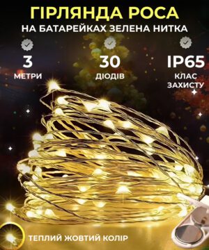 Светодиодная гирлянда Роса 3 метри на батарейках 30 led нитка на зеленому дроті жовта 30L3MGY_30L3MGY_Milantium_1