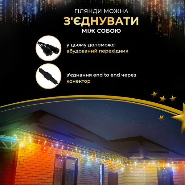 Вулична гірлянда бахрома 12(м) 200 led світлодіодів зовнішня мультиколор чорний дріт 12MBML_12MBML_Milantium_7