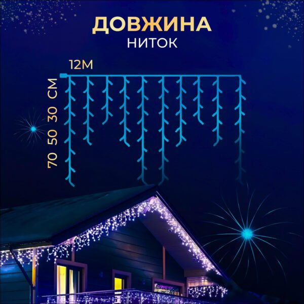Вулична гірлянда бахрома 12(м) 200 led світлодіодів зовнішня синя білий дріт_12MWBL_Milantium_2