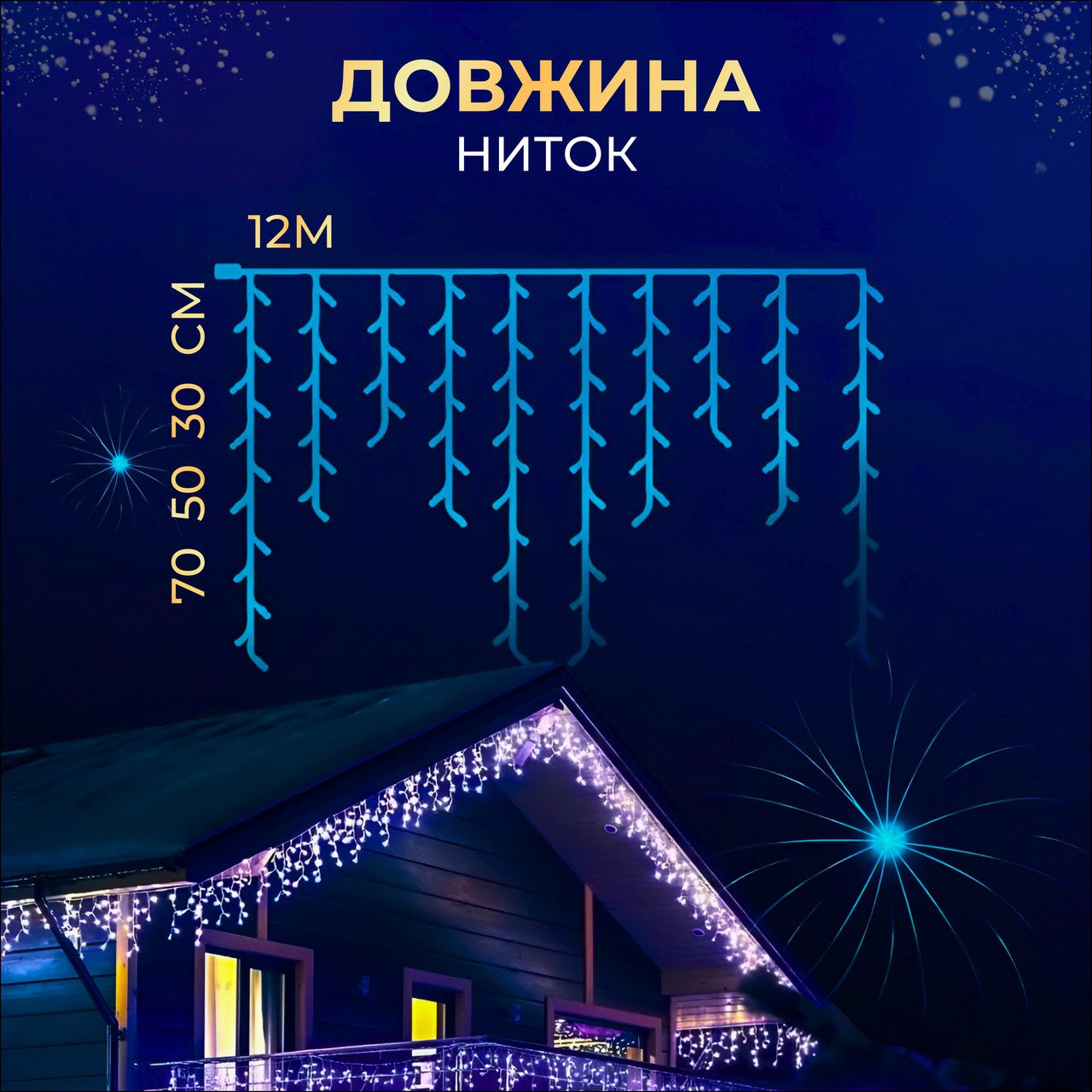 Вулична гірлянда бахрома 12(м) 200 led світлодіодів зовнішня синя білий дріт_12MWBL_Milantium_2