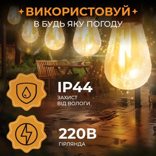 Гірлянда вулична у стилі ретро світлодіодна жовта S14 на 10 LED ламп завдовжки 5 метрів_S14Y_Milantium_2