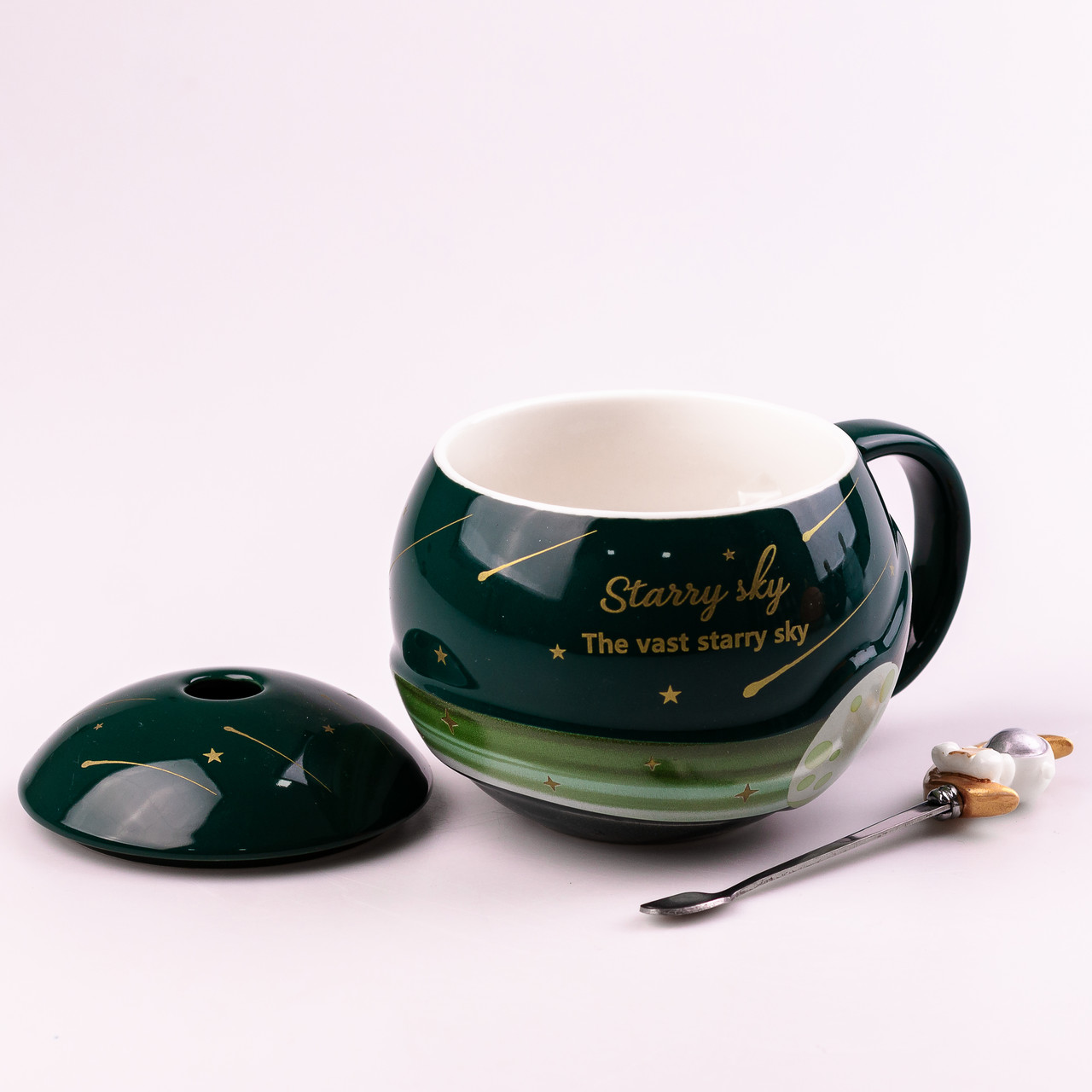 Чашка керамічна Starry Sky 400мл з кришкою і ложкою Зелений_HP877GR_Milantium_2