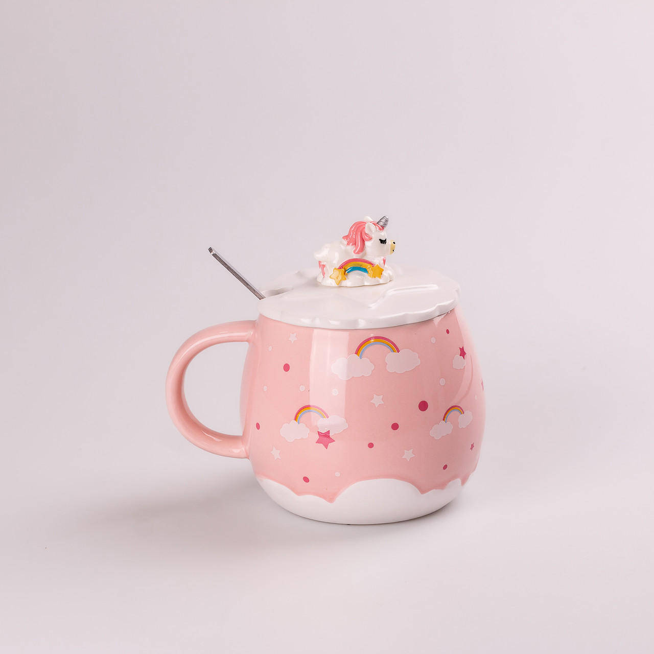 Чашка керамічна Rainbow Ceramic Mug 400ml з кришкою і ложкою Рожевий_HPCY8278P_Milantium_1