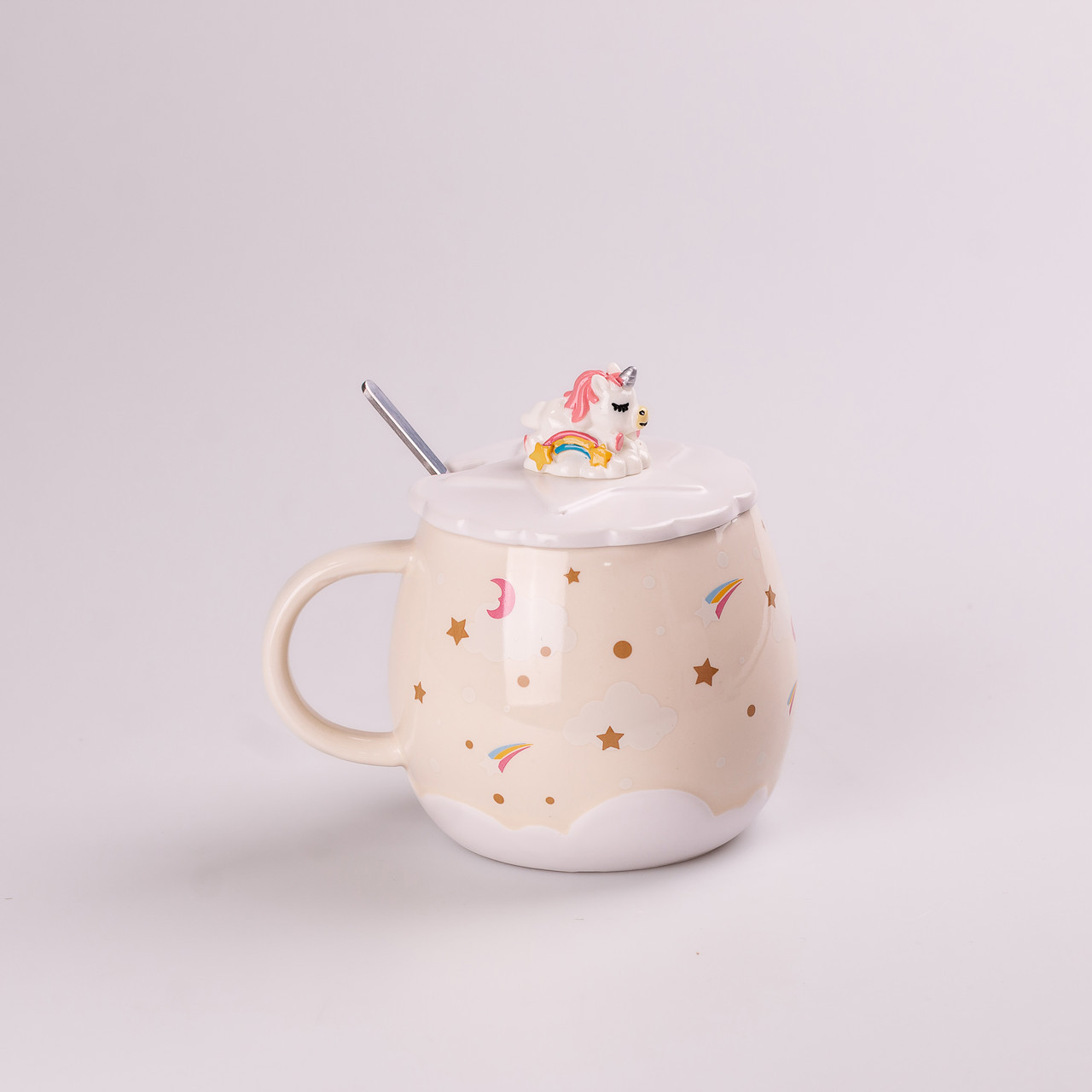 Чашка керамічна Rainbow Ceramic Mug 400ml з кришкою і ложкою Бежевий_HPCY8278BE_Milantium_1