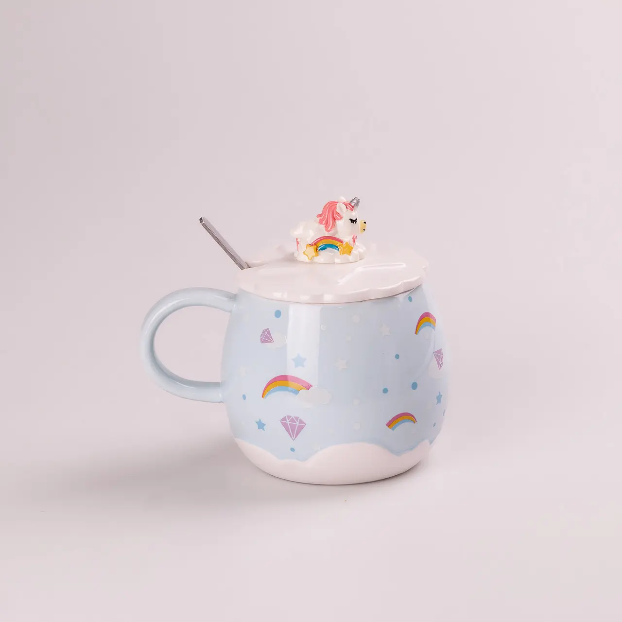 Чашка керамічна Rainbow Ceramic Mug 400ml з кришкою і ложкою Блакитний – купити в Україні недорого