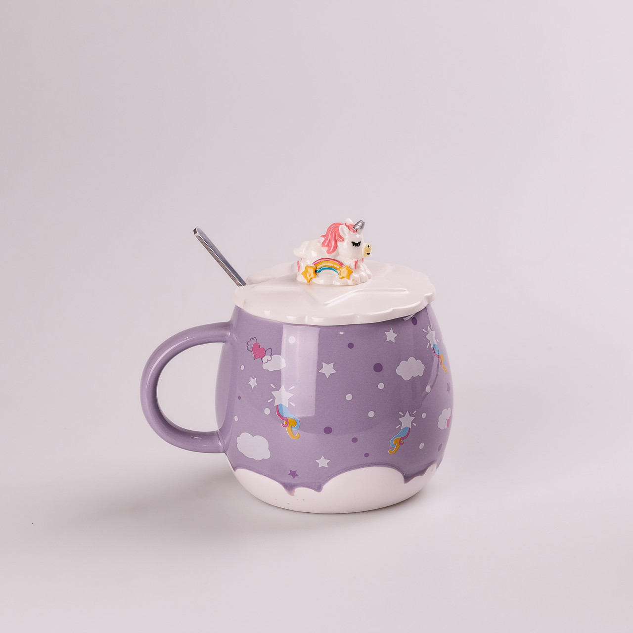 Чашка керамічна Rainbow Ceramic Mug 400ml з кришкою і ложкою Бузковий_HPCY8278V_Milantium_1