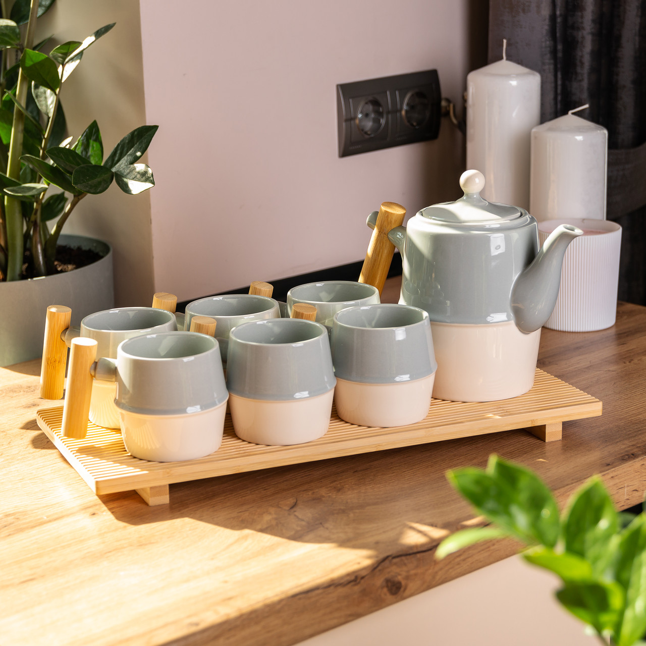 Чайный сервиз на 6 персон з бамбуковою підставкою сірий HP-15-22_HP-15-22_Milantium_7