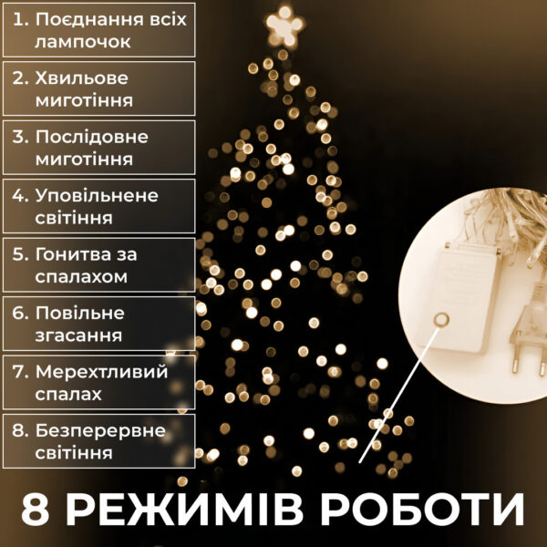 Гірлянда нитка 16м на 180 LED лампочок світлодіодна чорний провід 8 режимів роботи Жовтий M400LEDY_M400LEDY_Milantium_4