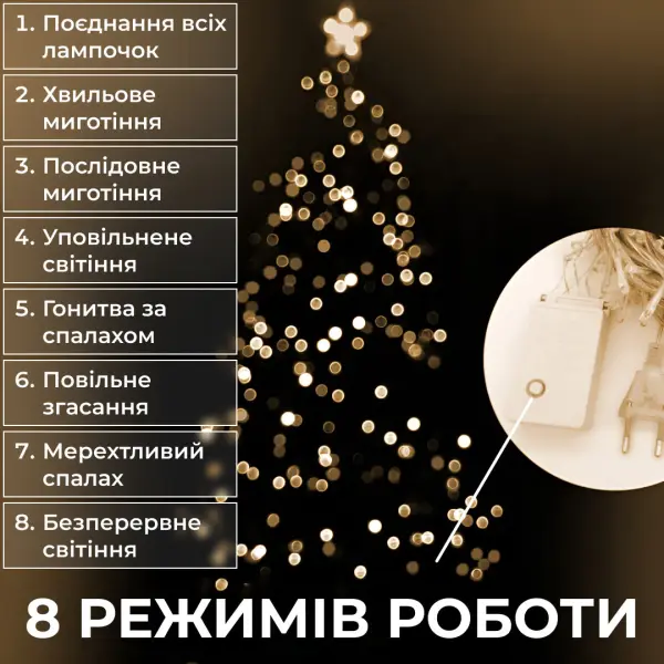 Гірлянда нитка 16м на 180 LED лампочок світлодіодна чорний провід 8 режимів роботи Жовтий M400LEDY_M400LEDY_Milantium_4