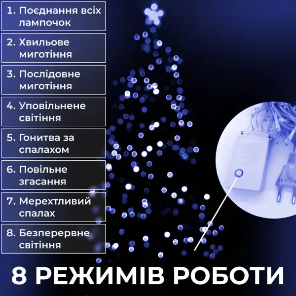Гирлянда нить 22 м из 218 LED лампочек светодиодная черный провод 8 режимів работи Синій M500LEDBL_M500LEDBL_Milantium_4