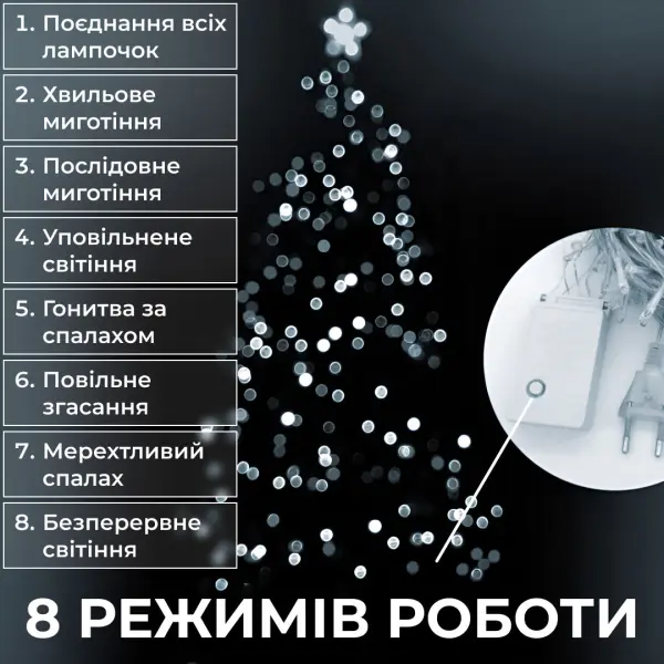 Гірлянда нитка світлодіодна GarlandoPro 50 LED 6м 8 режимов гірлянда новорічна Білий W100LEDW_W100LEDW_Milantium_4