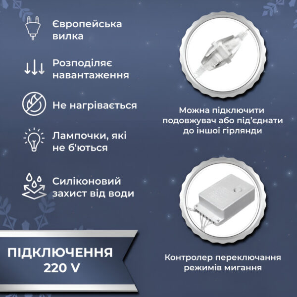 Гірлянда штора 3х2 м 144 LED світлодіодна мідний провід 16 ниток Білий ZWM2320LEDW_ZWM2320LEDW_Milantium_4