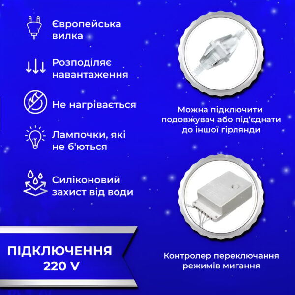 Гірлянда штора 3х2 м 144 LED світлодіодна мідний провід 16 ниток Синій ZWM2320LEDBL_ZWM2320LEDBL_Milantium_4