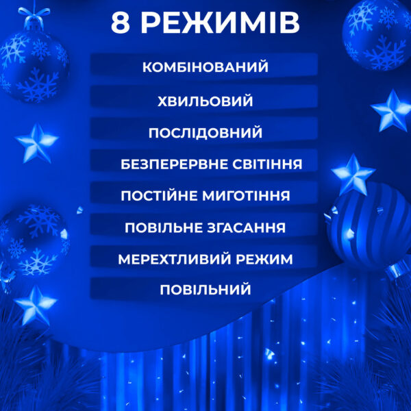 Гірлянда штора 3х2 м 144 LED світлодіодна мідний провід 16 ниток Синій ZWM2320LEDBL_ZWM2320LEDBL_Milantium_7