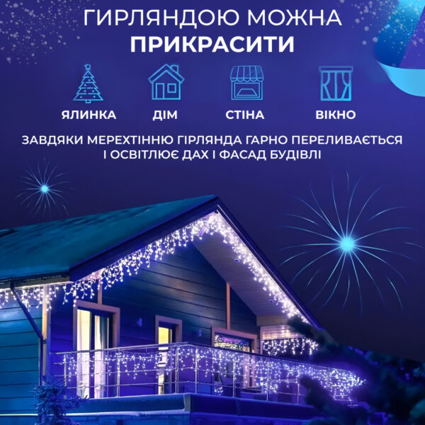 Гірлянда вулична світлодіодна 90 LED 3 метри білий дріт бахрома 18 ниток Синій 3МWBL_3МWBL_Milantium_4