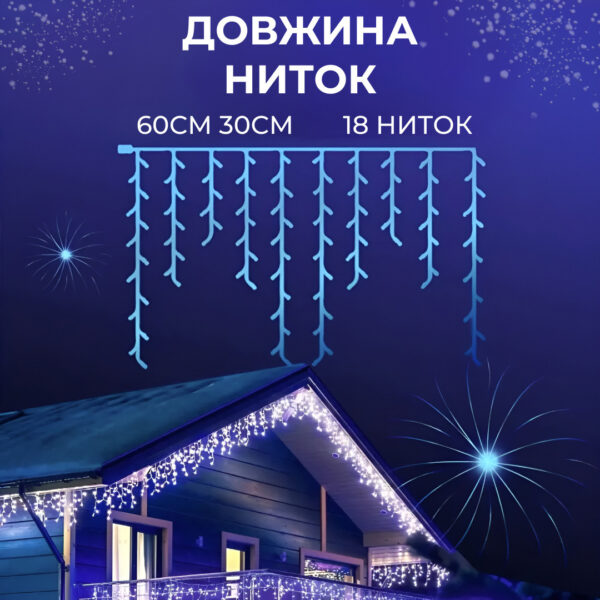 Гірлянда вулична світлодіодна 90 LED 3 метри білий дріт бахрома 18 ниток Синій 3МWBL_3МWBL_Milantium_5