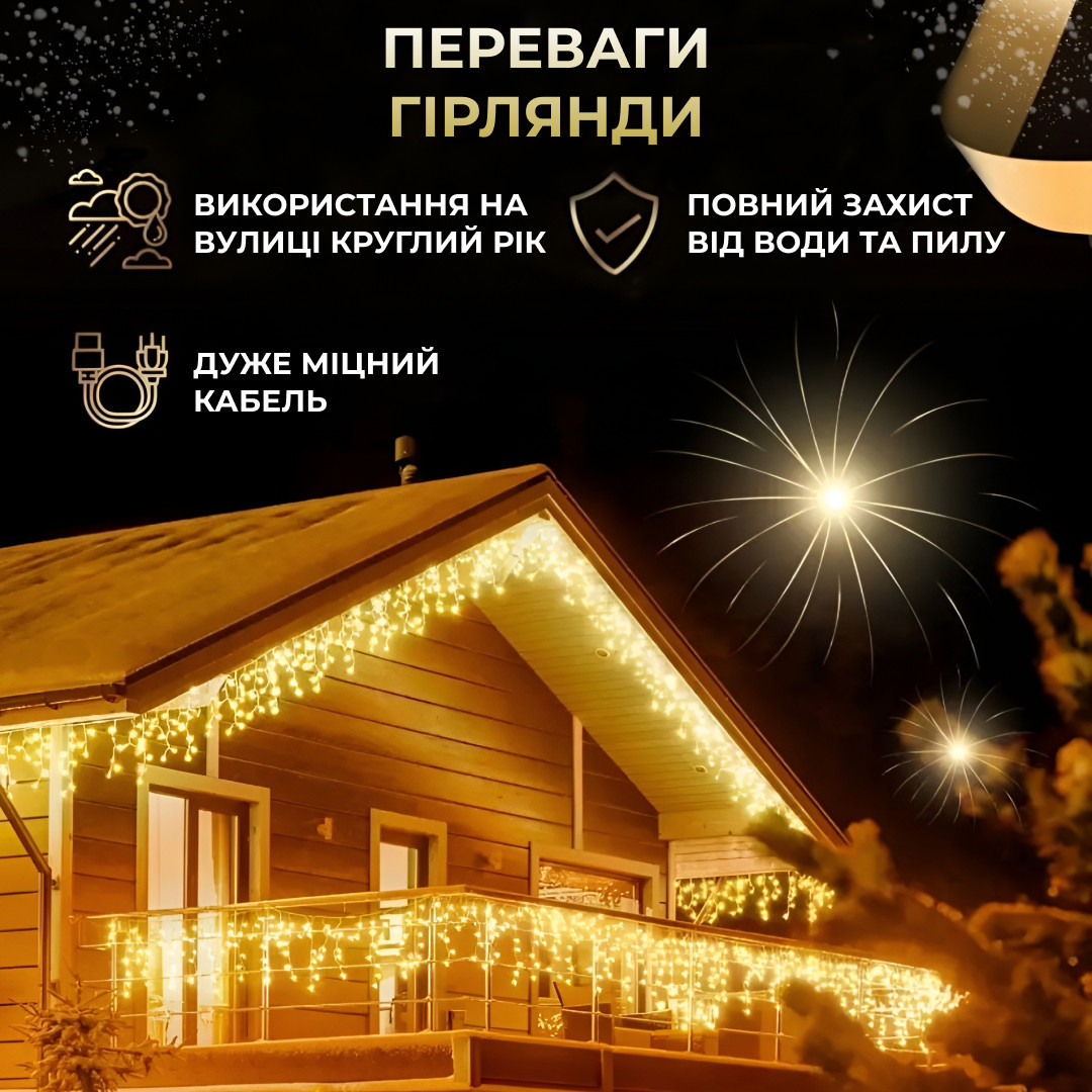 Гірлянда вулична світлодіодна 390 LED 20 метрів білий дріт бахрома 88 ниток Жовтий_20МWY_Milantium_3