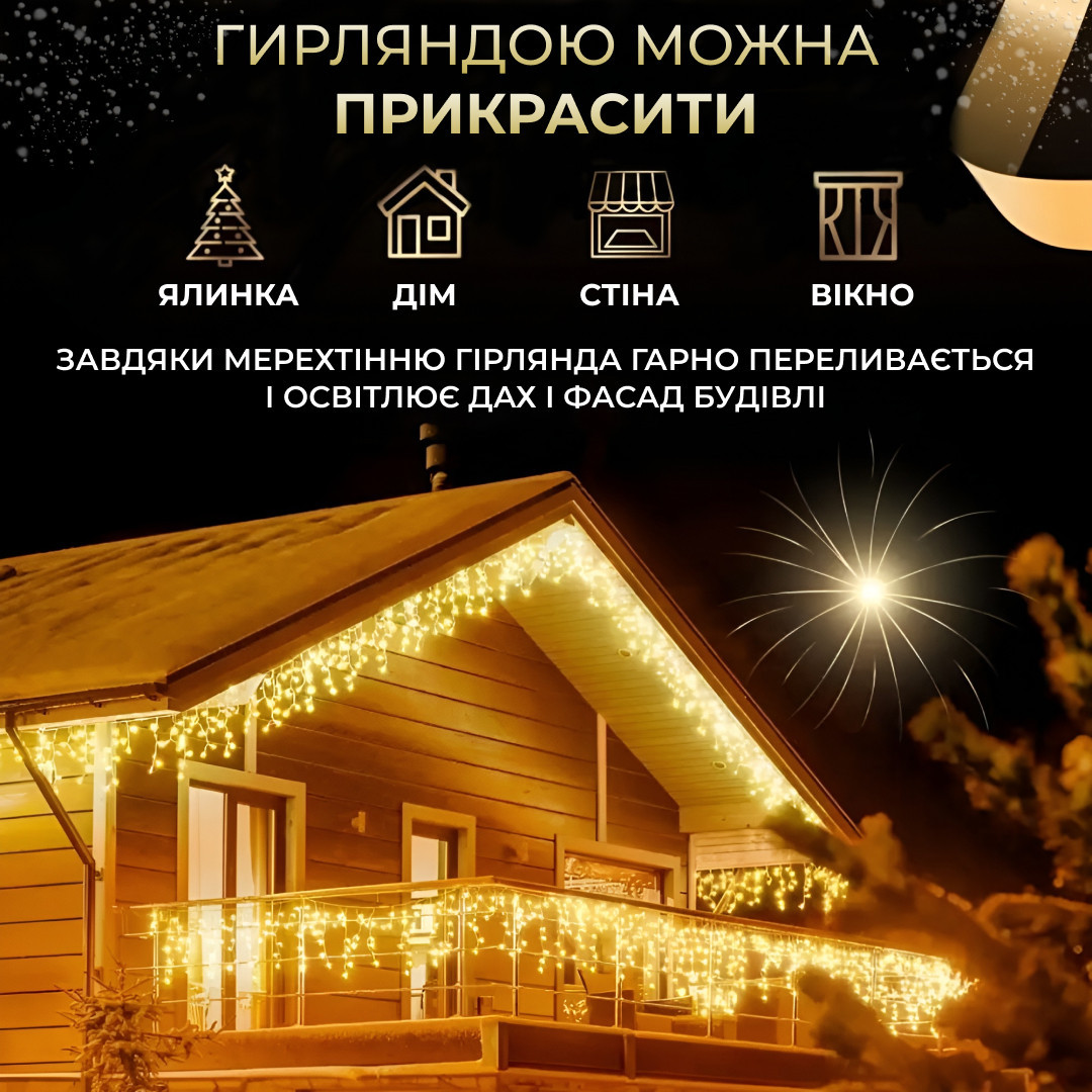 Гірлянда вулична світлодіодна 390 LED 20 метрів білий дріт бахрома 88 ниток Жовтий_20МWY_Milantium_4