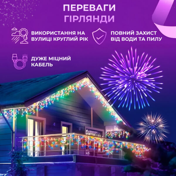 Гірлянда вулична світлодіодна 135 LED 6 метрів білий дріт бахрома 27 ниток Мультиколор 6МWML_6МWML_Milantium_3