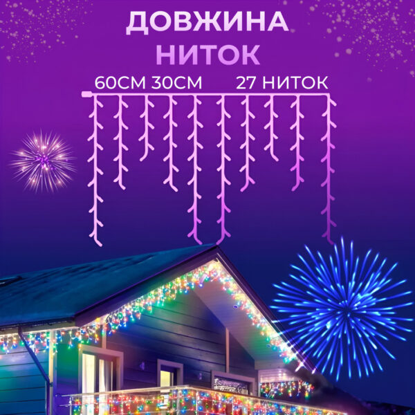 Гірлянда вулична світлодіодна 135 LED 6 метрів білий дріт бахрома 27 ниток Мультиколор 6МWML_6МWML_Milantium_5