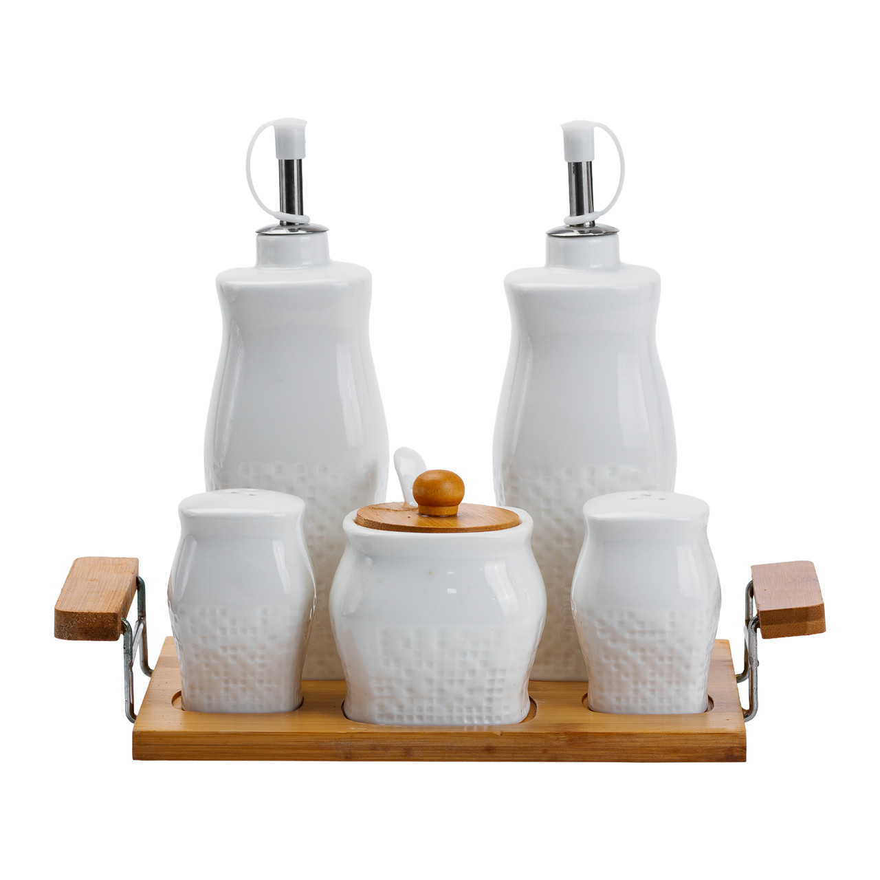 Набір для спецій із сільничкою та перечницею з 5 предметів та двома пляшками для олії та оцту по 380 мл на бамбуковій підставці._HP1222_Milantium_2