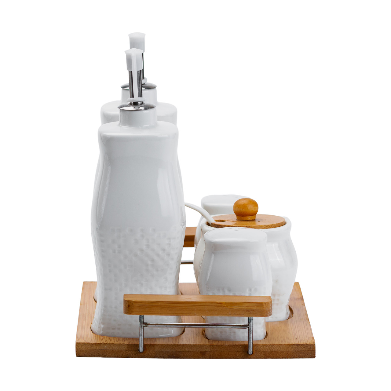 Набір для спецій із сільничкою та перечницею з 5 предметів та двома пляшками для олії та оцту по 380 мл на бамбуковій підставці._HP1222_Milantium_3